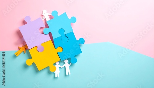 Colorful puzzle pieces with paper people