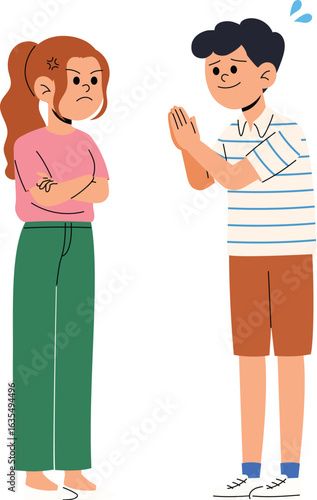 moody female sulking, male begged for her forgiveness, man trying to make up to girlfriend after the argument, angry woman pout and boyfriend try to reconcile illustration