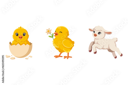 Easter chick and lamb cartoon, spring animal icon set, baby chick hatching, cute farm animal vector, holiday illustration