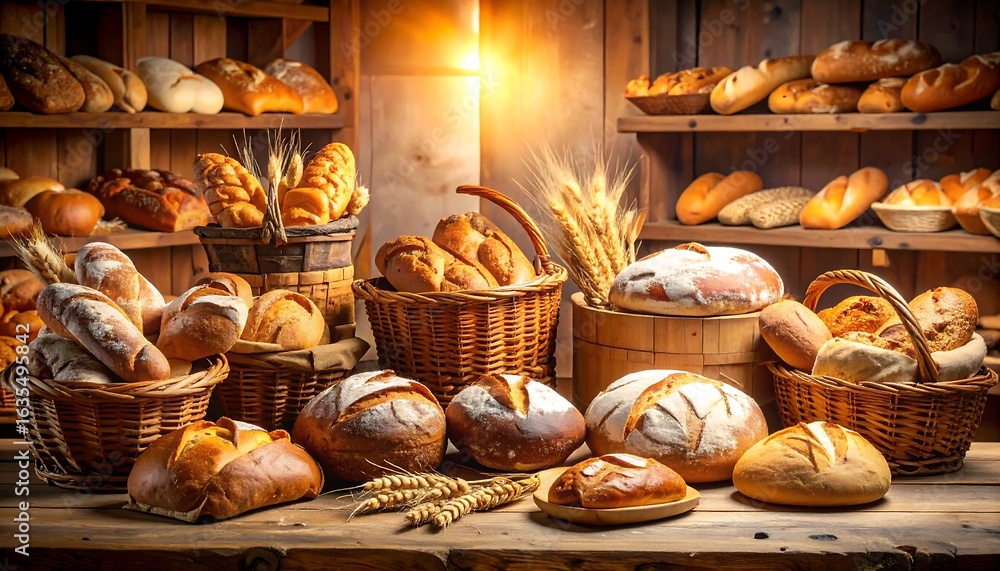 Naklejka premium Variety of breads in rustic wooden display