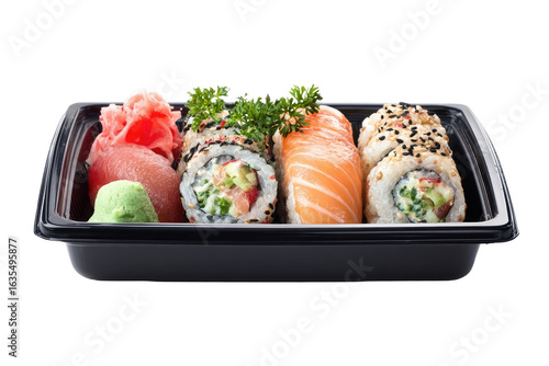 Sushi assortment in black takeout container.  Three types of rolls salmon, vegetable, and a mixed roll, with ginger and wasabi