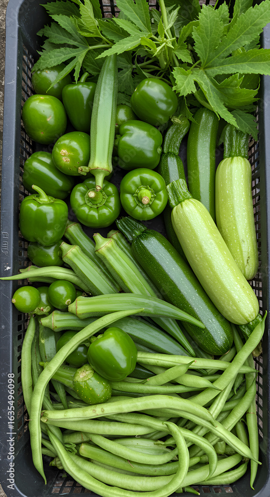 Obraz premium Photo of a Variety of Fresh Green Vegetables in a Black Crate Top View