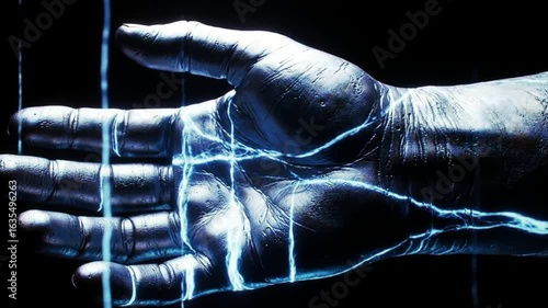 Digital energy flowing through the veins of a human hand, a powerful metaphor for bio-technology and transhumanism