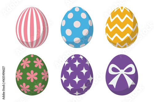 Decorative Easter eggs, floral and ribbon pattern, spring celebration vector, colorful holiday egg set, festive illustration