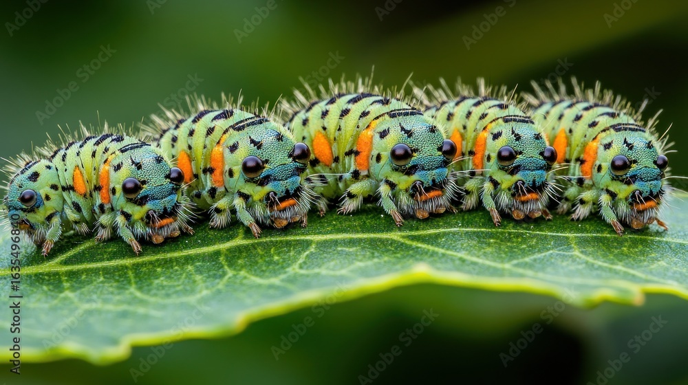 Fototapeta premium Colorful caterpillars on a leaf