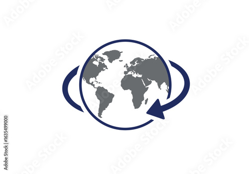 Global Rotation: Grey World Map Icon with Dark Blue Circular Arrow