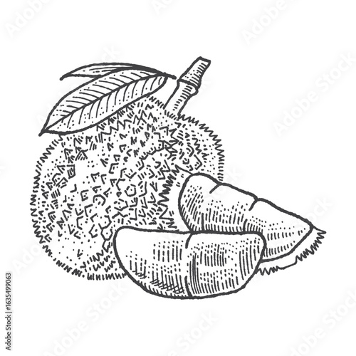 Durian with leaves in vintage engraving style. Sliced Durian. Vector Hand Drawn. Sketch Botanical Illustration. Eco healthy food. Superfood. Menu design, restaurant, shop.