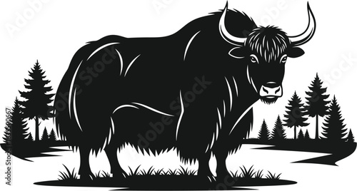 A striking silhouette of a yak in its natural mountain habitat, showcasing its strength and resilience against the backdrop of the himalayas 