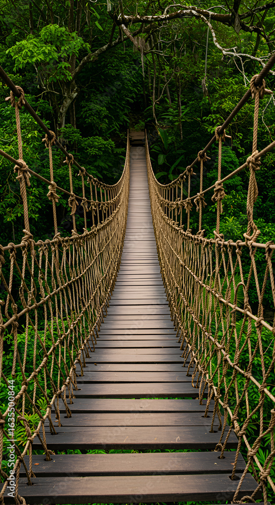 Fototapeta premium Photo of a Wooden Suspension Bridge in a Lush Green Forest with Braided Ropes