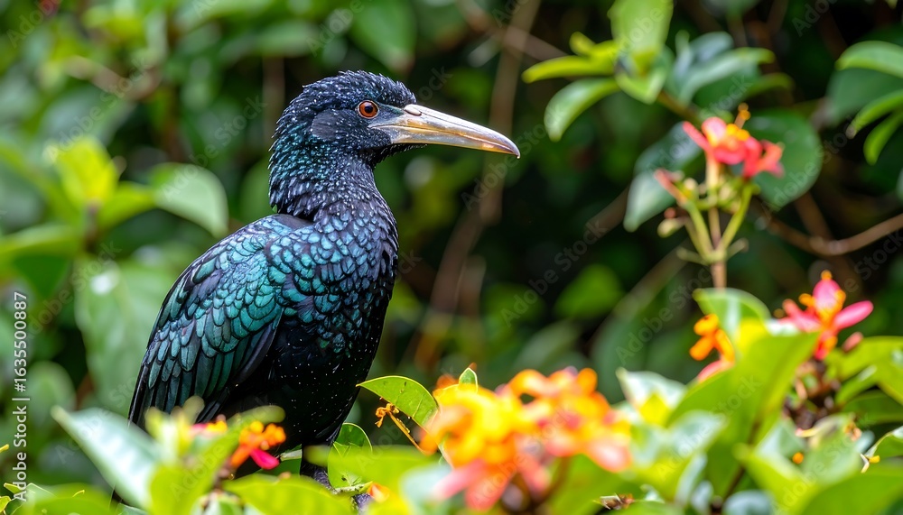 Naklejka premium A colorful bird perched among vibrant flowers