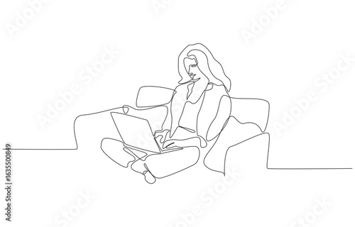 Continuous one line drawing of freelancer working with laptop on a couch, remote working concept, single line art