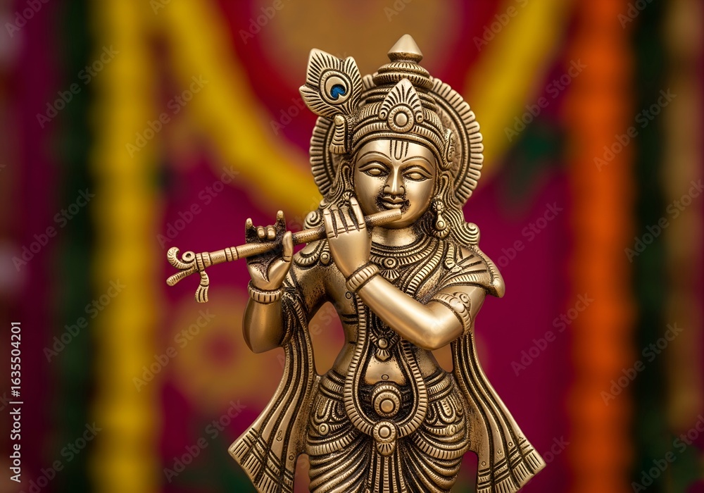 Obraz premium Krishna Statue with Peacock Crown in Front of Festive Drapes