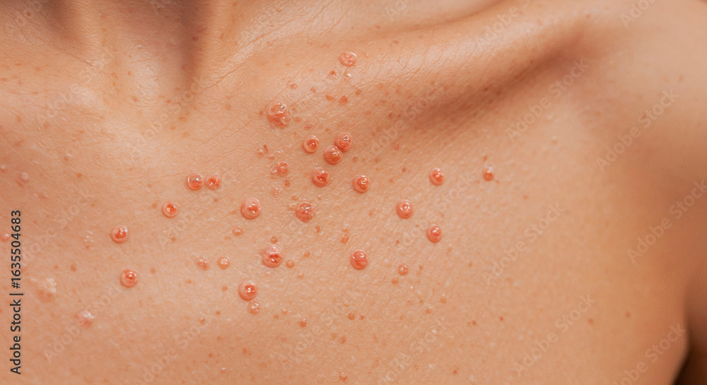 Fototapeta premium Skin with hives on chest showing raised welts and irritation 