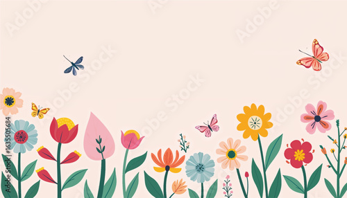 Background and banner decorated with pastel colors blooming flowers and leaves. Spring, Easter, Summer theme with dragonfly, butterfly and bee. Flat vector illustration in flat folk geometric style.