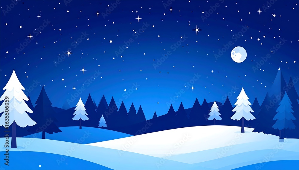 Naklejka premium Snowy night scene with trees and a moon.