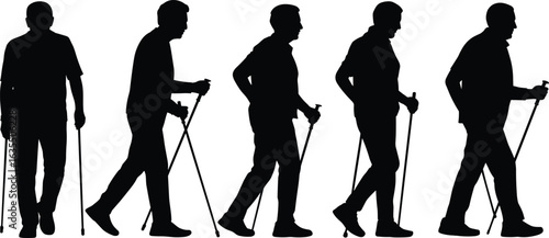 Silhouettes of Man Walking with Trekking Poles Sequence, Nordic Walking Postures, Fitness and Mobility Exercise, Healthy Lifestyle Activity, Outdoors