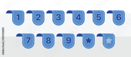 Vector set of blue bookmark-style chapter number icons. Ideal for marking sections in textbooks, planners, or digital presentations. Clean flat design for educational, UI, or infographic use.