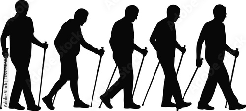 Silhouettes of People Walking with Trekking Poles, Nordic Walking Motion Sequence, Outdoor Fitness Activity, Healthy Lifestyle, Balance, Mobility Support