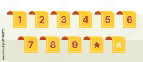 Vector set of yellow bookmark-style chapter number icons. Ideal for marking sections in textbooks, planners, or digital presentations. Clean flat design for educational, UI, or infographic use.