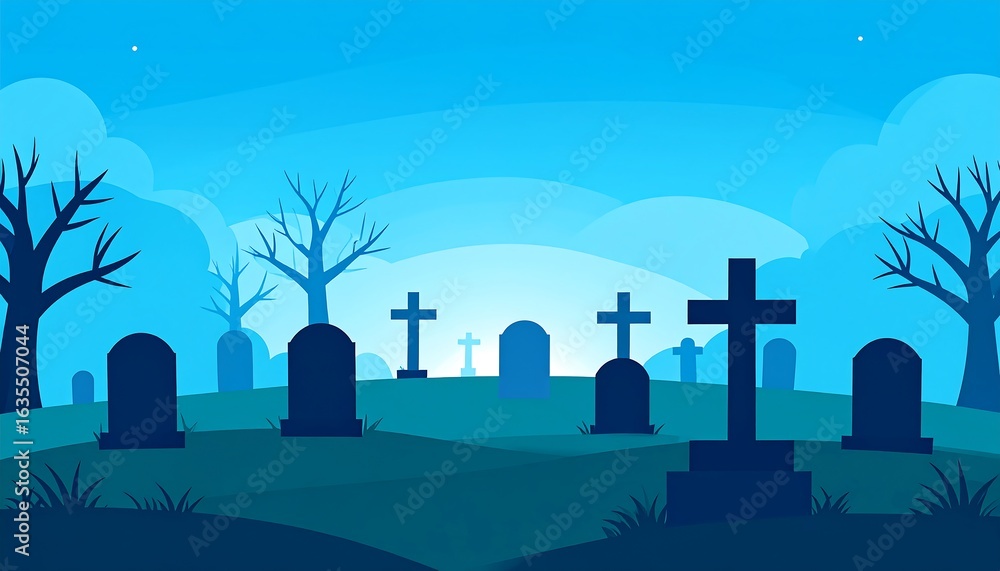 Fototapeta premium Silhouettes of tombstones and trees in a graveyard at dawn.