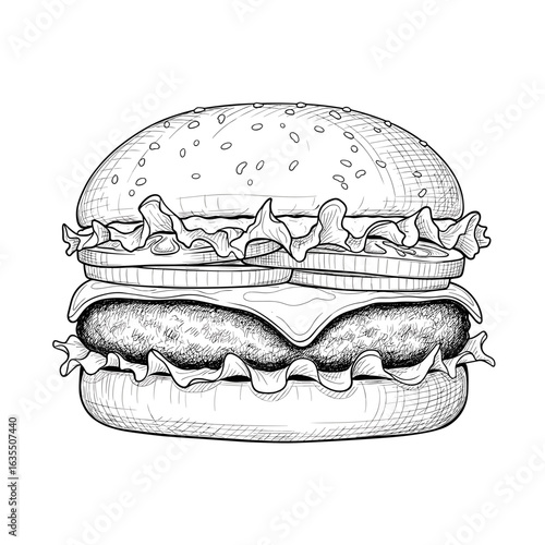 Hand-drawn burger with lettuce, cheese, and sesame bun  