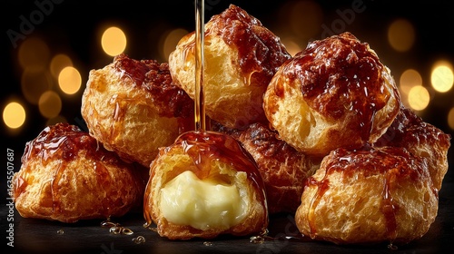 Golden brown cream puffs arranged in a pyramid with glossy caramel drizzle, crispy texture, creamy filling, warm tones,
