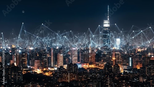 Wallpaper Mural Futuristic city skyline at night with glowing digital network overlay Torontodigital.ca