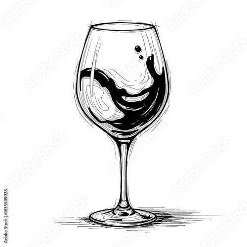 Elegant wine glass with swirling liquid in black and white sketch  