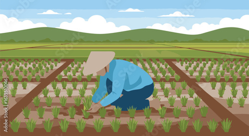 Vector illustration of an Asian farmer in a conical hat planting rice seedlings in a terraced paddy field with a mountain landscape.