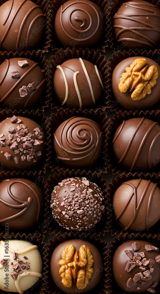 Fototapeta premium Photo Of Chocolate Truffle Candy Box Assortment Top View Variety Dessert