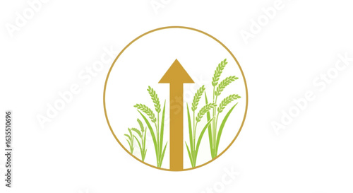 Symbolic agricultural growth concept with an upward arrow over developing rice or wheat stalks. Vector icon for progress, harvest, and yield.