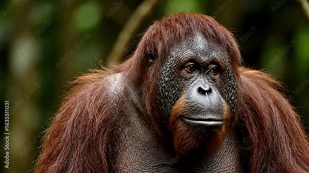 Orangutans expressive face shows soulful brown eyes dark skin and auburn fur against a blurred green background Orangutans expressive face shows soulful brown eyes dark skin and auburn fur against a blurred green background