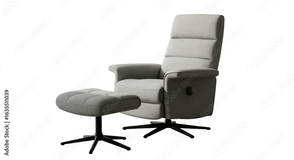 Fototapeta premium Isolated Modern Gray Recliner Chair With Footrest On Black Background Photo