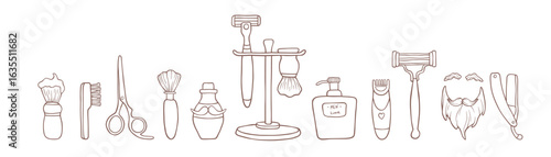 Set of illustrations for men's self-care. Grooming items for men. Whimsical doodle illustrations of self-care. Illustrations in mocha mousse color