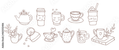 Cozy coffee and tea illustrations. Whimsical coffee doodles. Hand drawn cups and teapots. Illustrations in mocha mousse color
