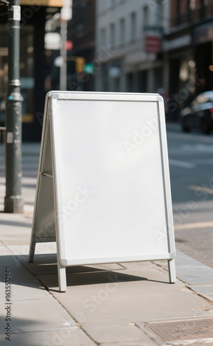 Blank white A-frame sandwich board mockup on a city street for advertising and promotion concept.