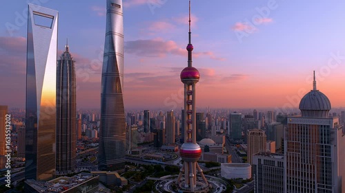 Aerial view of the Shanghai city skyline in China during sunset