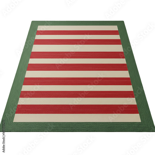 Isolated Perspective View Of Red And White Striped Carpet With Green Border