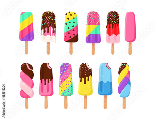 Colorful Ice Cream Popsicles Collection, Fun Dessert Treats, Summer Vibes, Illustration