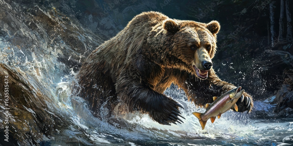 Fototapeta premium A powerful grizzly bear standing in a rushing river, swiping at salmon with its massive paws