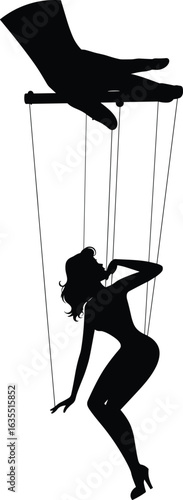 Silhouette of woman puppet controlled by hand strings, marionette manipulation, control concept, human puppet art, shadow figure, power and control symbolism