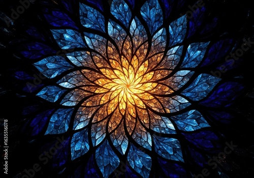 Abstract glowing fractal flower pattern with blue and orange colors