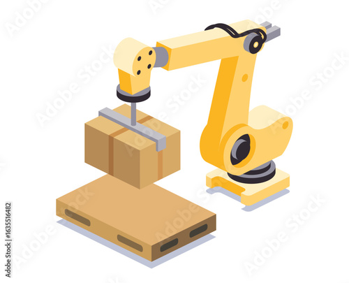 Robotic arm placing cardboard boxes onto an empty pallet. Represents automation, warehouse logistics and smart manufacturing processes. Isometric illustration.