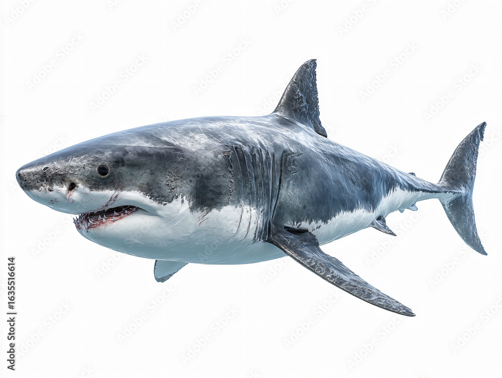 Fototapeta premium Great White Shark Underwater Wildlife Adventure Ocean Exploration Predatory Fish Species Marine Anatomy Ferocious Jaws Conservation Blue 