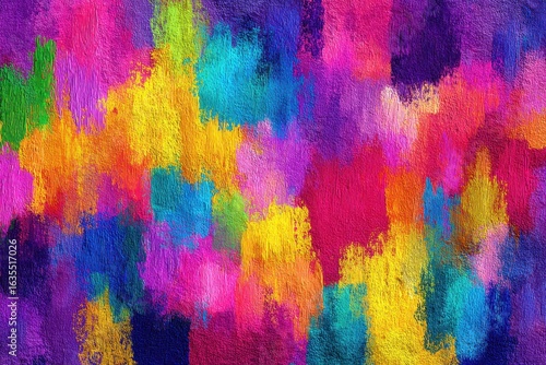 Vibrant abstract paint strokes in various colors create a textured background effect
