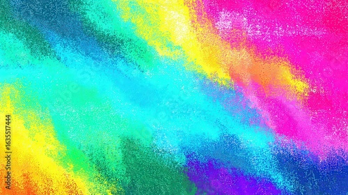 Vibrant rainbow powder splashes diagonally across a textured backdrop color