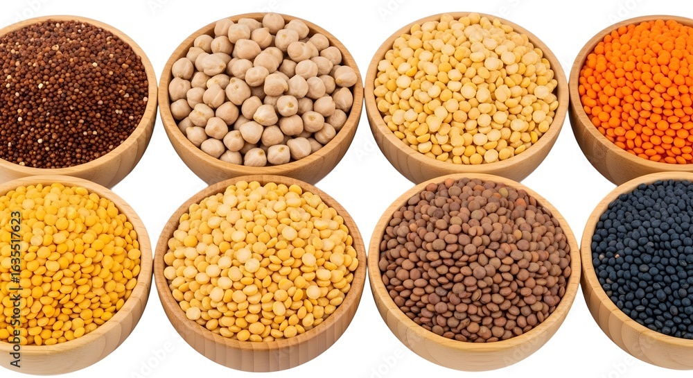 Fototapeta premium Eight bowls of various legumes and grains isolated on white background