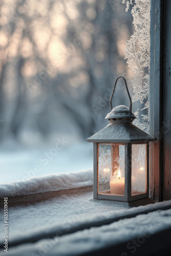 beautifully decorated christmas lamp placed on windowsill illuminates room warmly