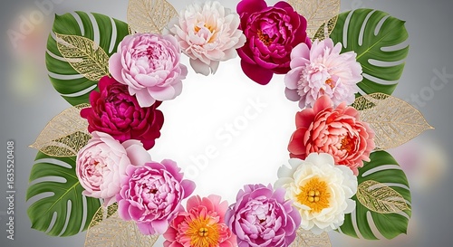 Fototapeta Naklejka Na Ścianę i Meble -  Elegant floral circle frame with peonies and monstera leaves for exquisite designs