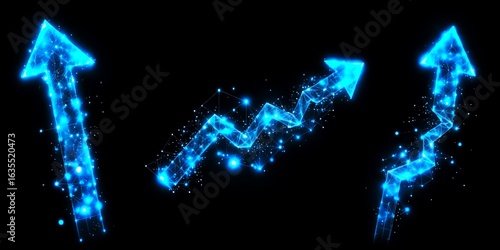 Three blue glowing digital arrows showing upward progress against a black background